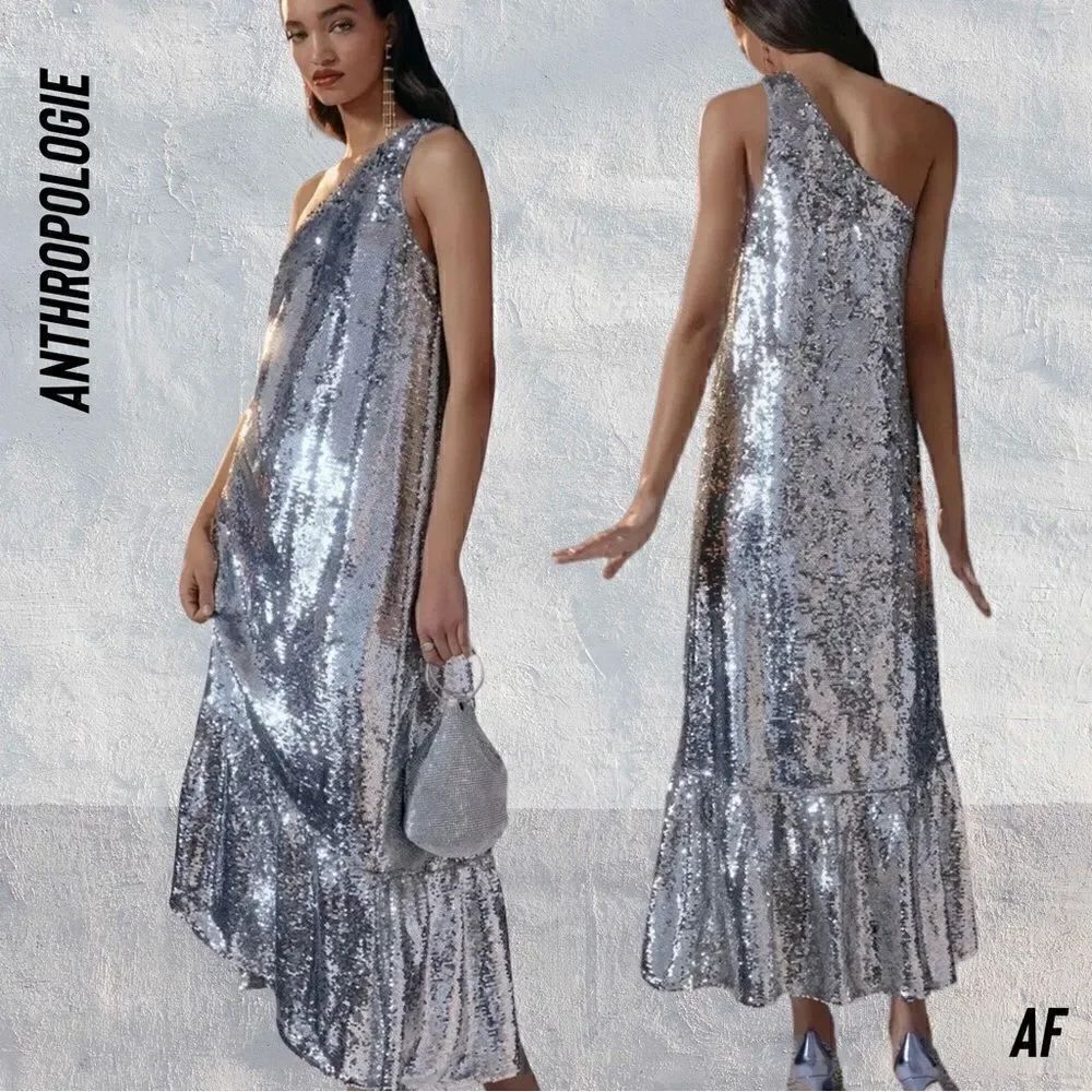 ANTHROPOLOGIE MAEVE ONE SHOULDER SEQUINED MIDI DRESS IN SILVER